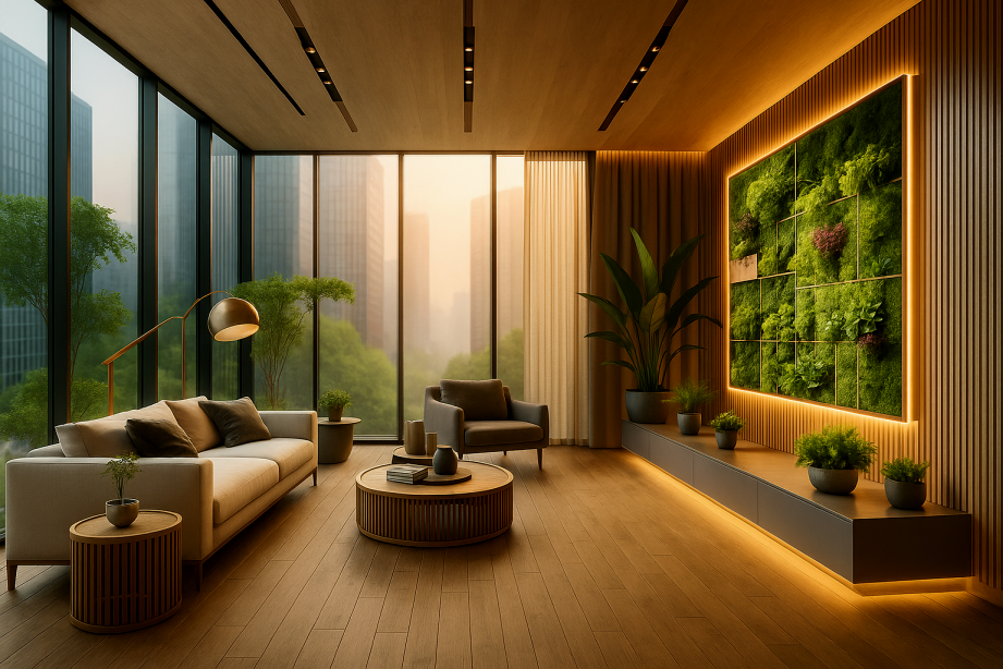 A modern living room with large windows allowing ample natural light