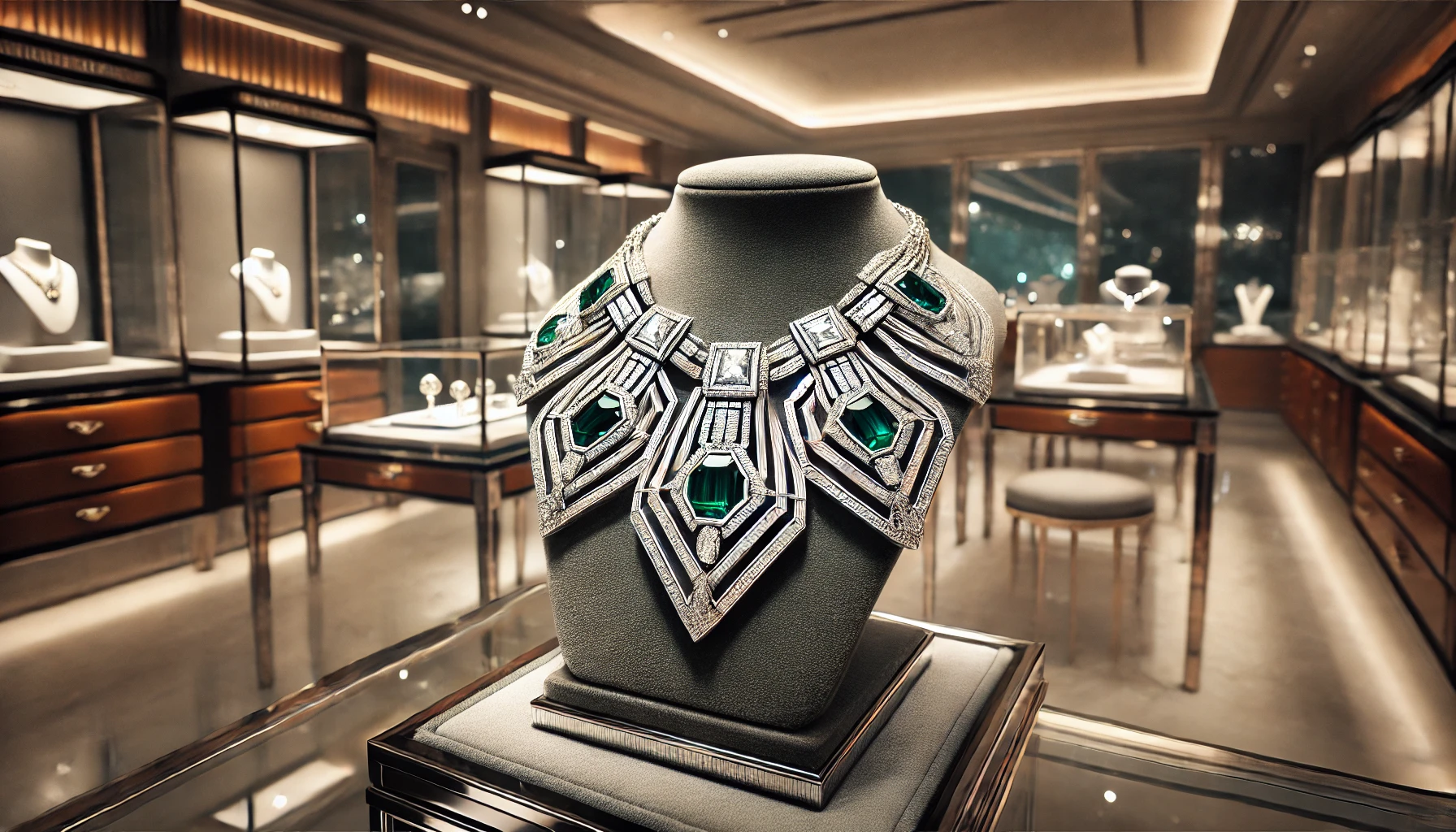 Art Deco necklace displayed on a velvet stand
