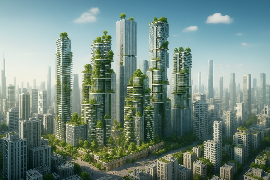 A city skyline featuring multiple urban skyscrapers incorporating lush greenery