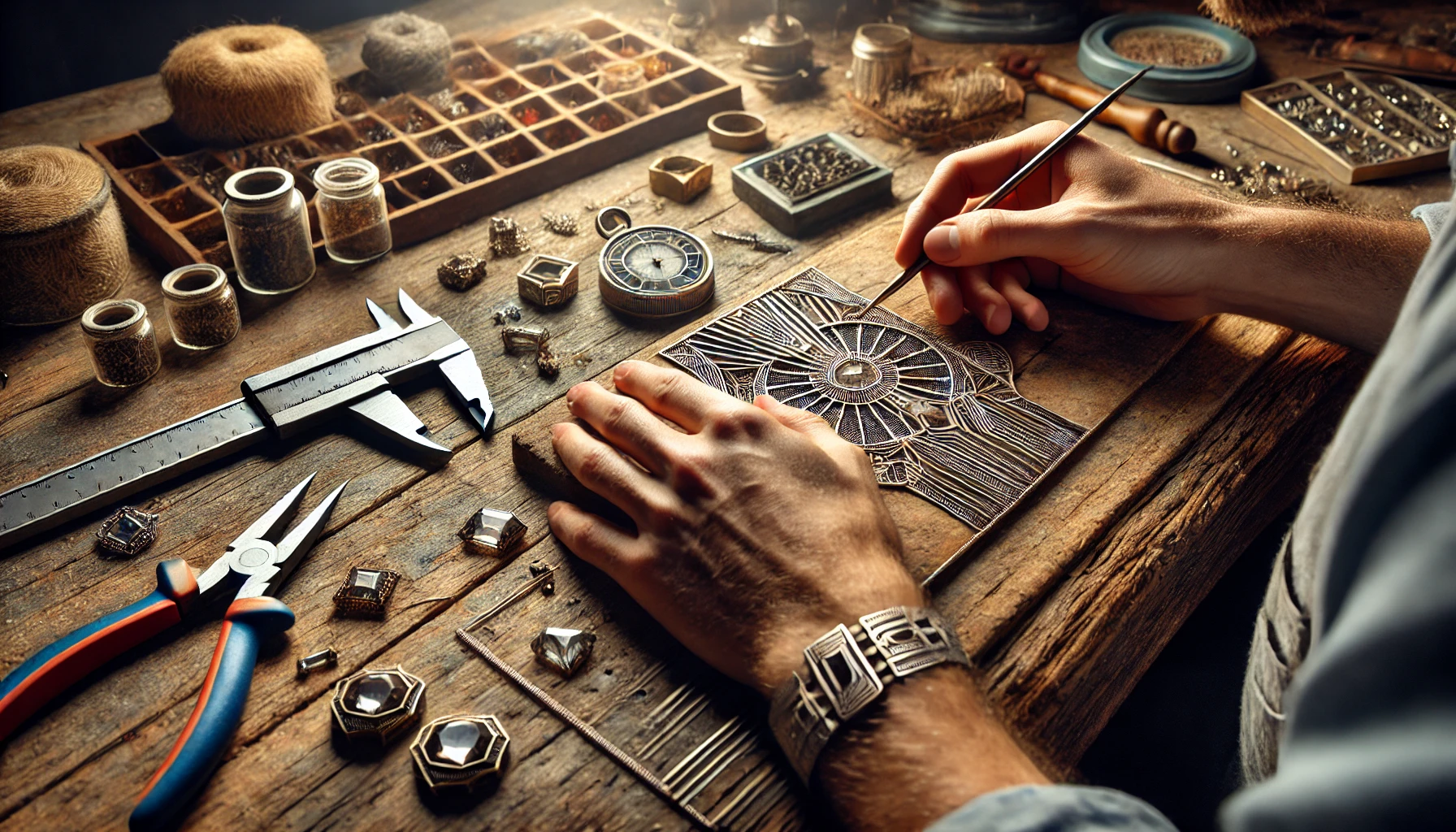 a jeweler’s hands crafting an Art Deco-inspired piece