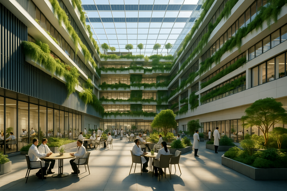 A modern hospital complex with extensive biophilic design elements