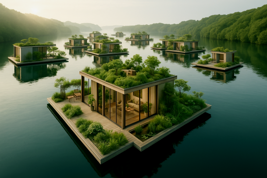 Floating residential habitats on a tranquil bay, designed with extensive greenery and water elements
