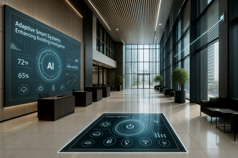 A sleek and high-tech smart office lobby with precise geometric lines