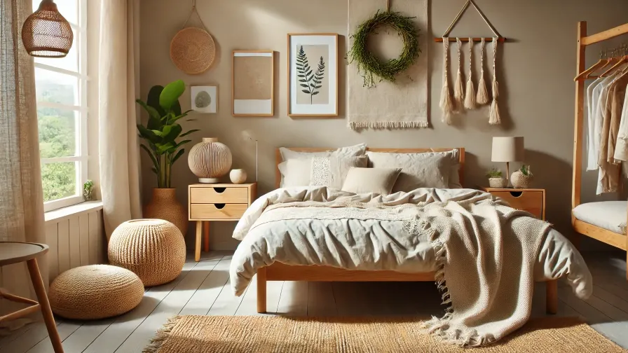 A bedroom designed with eco friendly decor and textiles