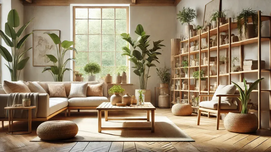 A bright living room showcasing furniture made from natural materials