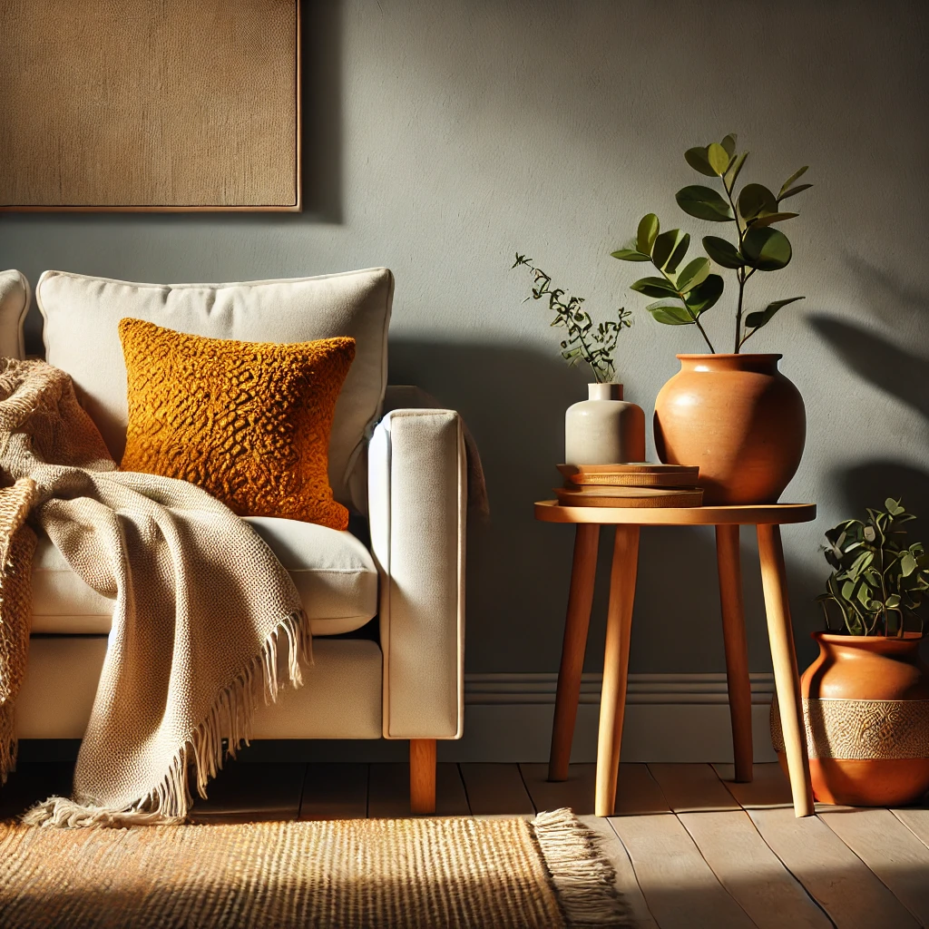 A cozy corner of a living room with a neutral color scheme