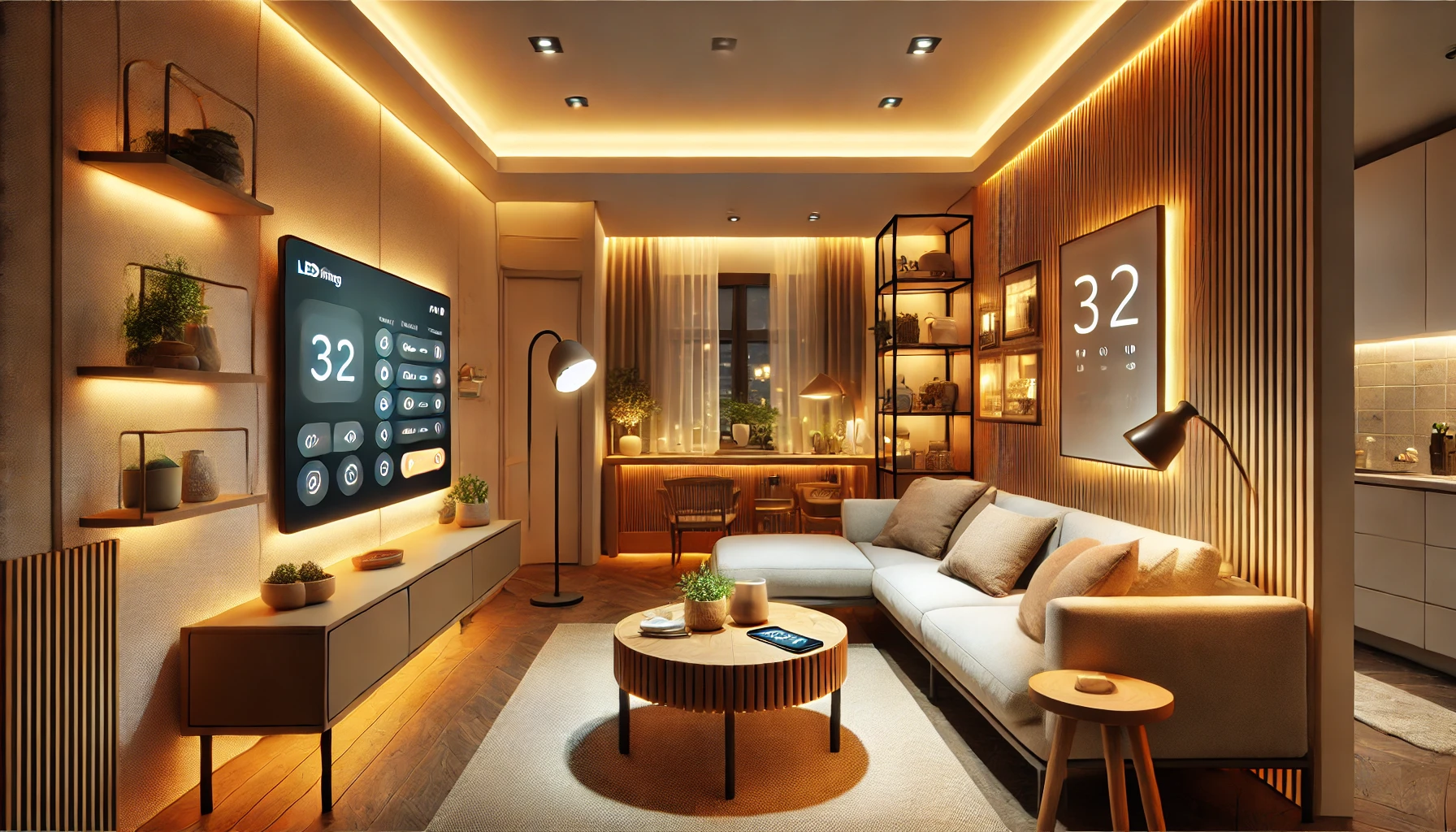 A cozy living room with energy-efficient smart lighting