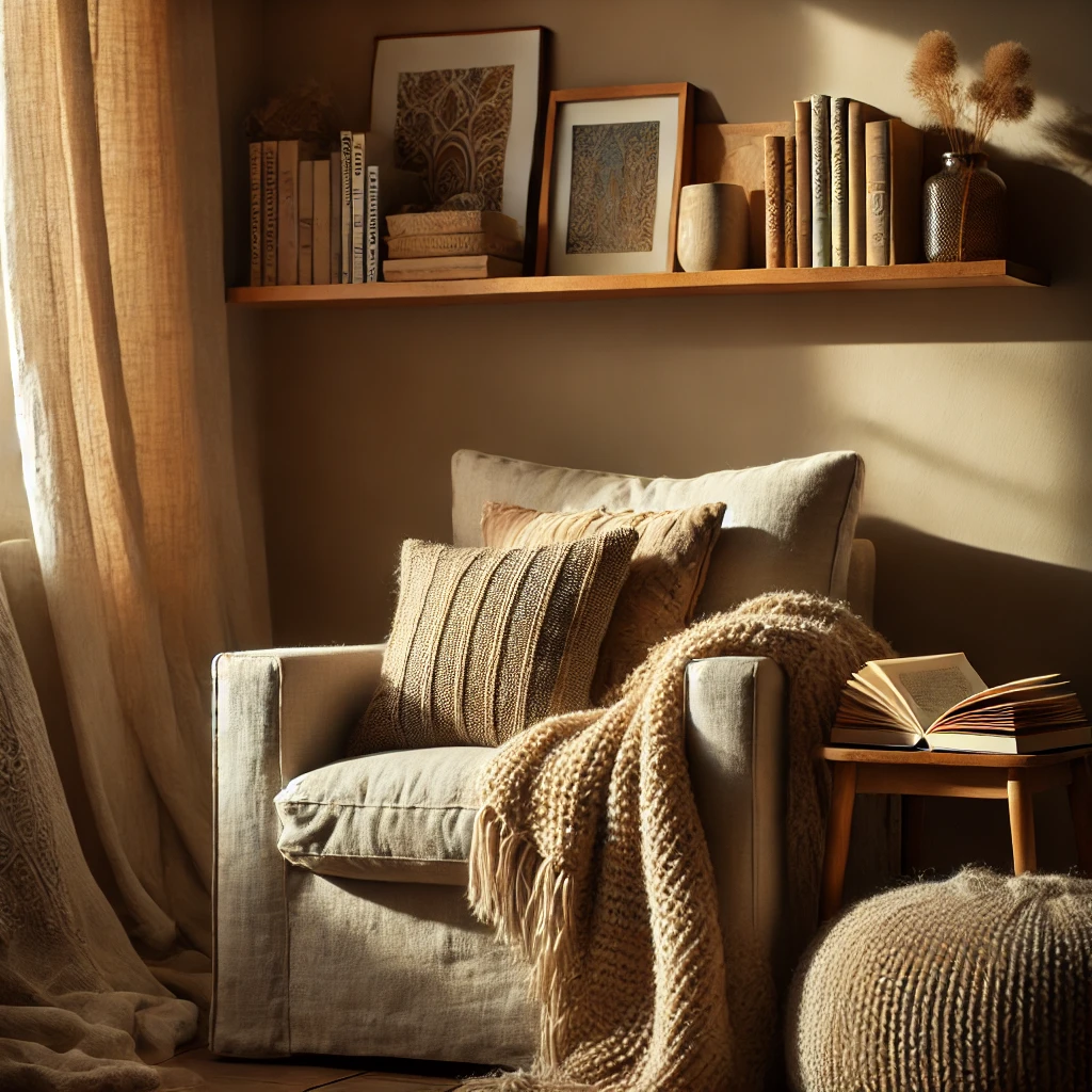 A cozy corner of a living room with a neutral color scheme