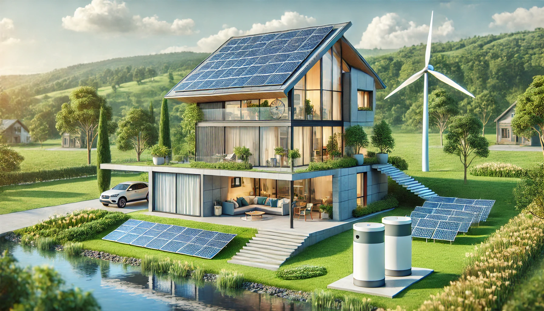 A futuristic net-zero home with solar panels on the roof, a single wind turbine nearby, and one energy storage system