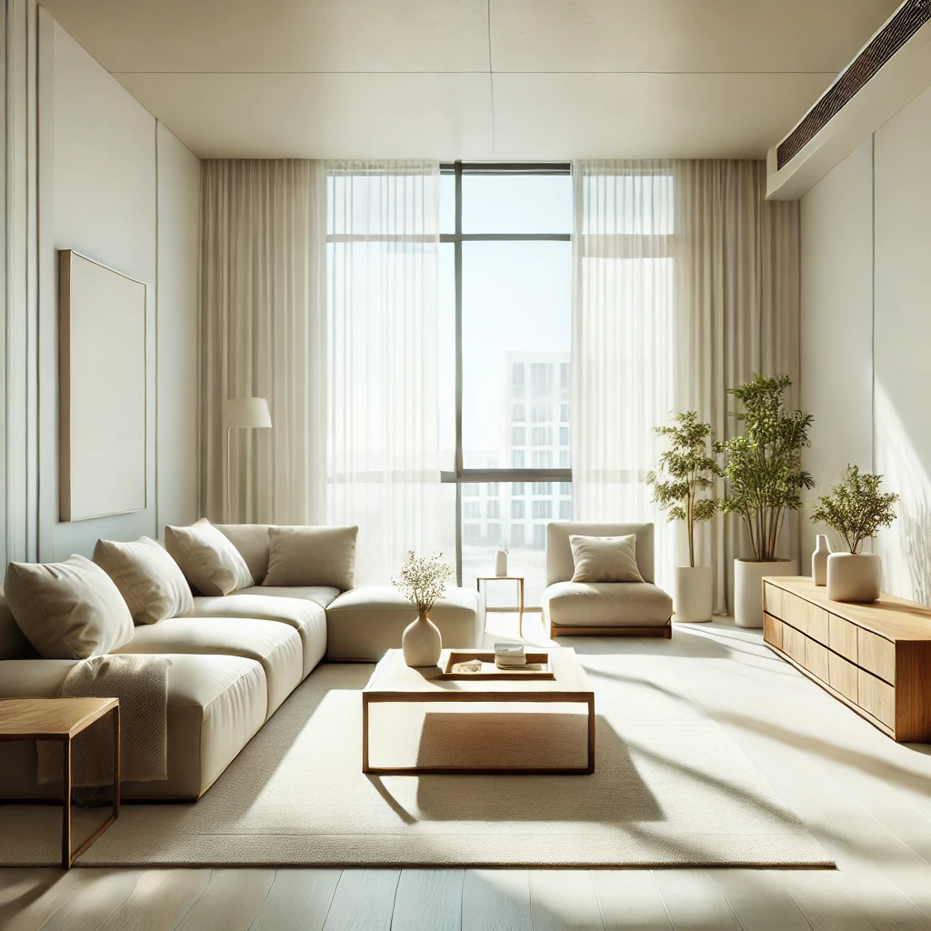 A spacious living room with white walls and a neutral color palette