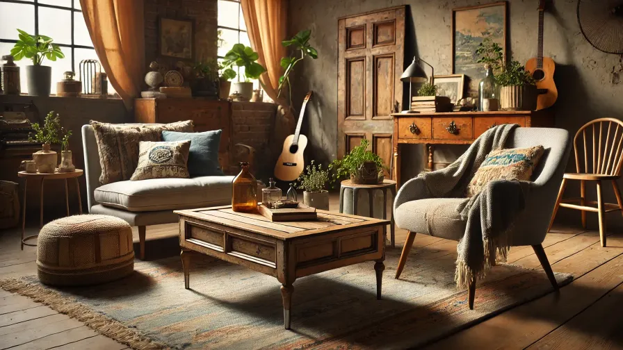 A stylish living room featuring upcycled furniture such as a-- vintage coffee table repurposed from an old door