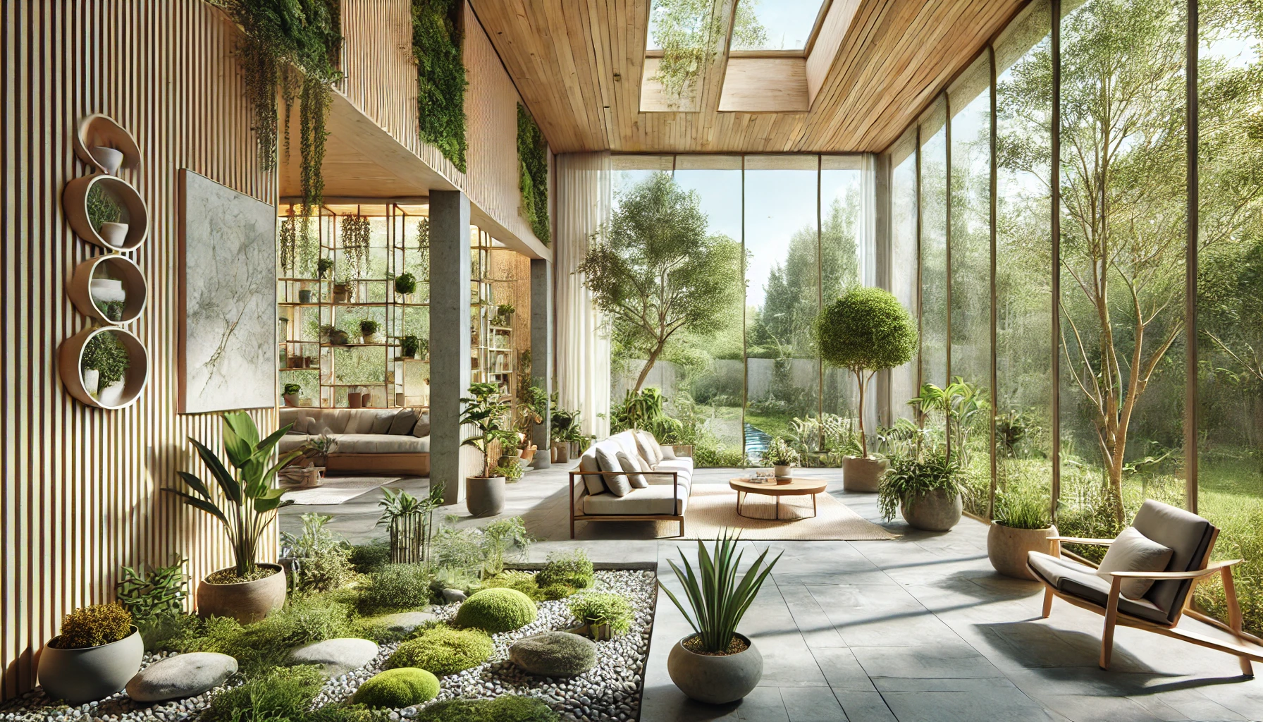 An interior space designed with biophilic principles. The room features large windows allowing abundant natural light, indoor plants