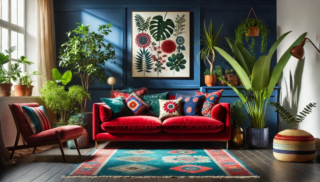 A vibrant, maximalist living room with deep blue walls, 